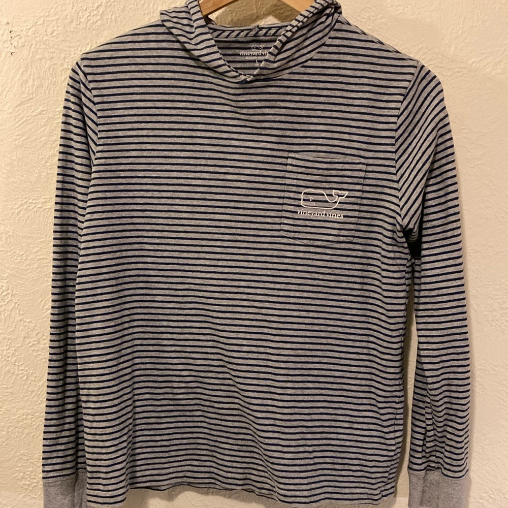 Vineyard Vines whale navy gry striped hooded long sleeve shirt size large
